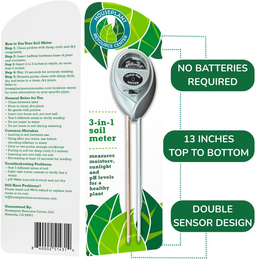 Houseplant 3-in-1 Soil Meter — Measures Light, Moisture & pH for Optimal Growth | Battery-Free