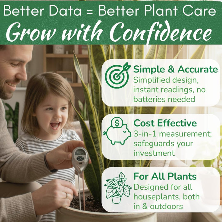 Houseplant 3-in-1 Soil Meter — Measures Light, Moisture & pH for Optimal Growth | Battery-Free